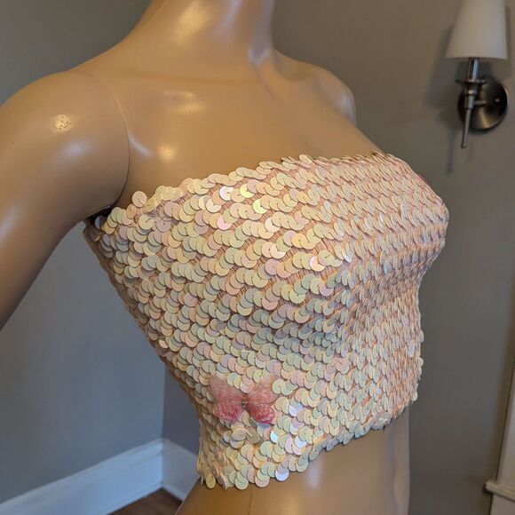 Vintage Y2K Jessica McClintock Tube Top Pink Sequin Butterfly Size S - Picture 5 of 9